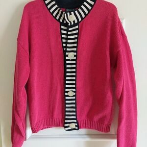 Vintage Harold's Hand Framed 100% CottoPink Cardigan with Navy White Stripes